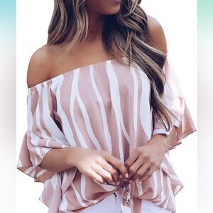 Asvivid Pink & White Off The Shoulder Top Flare Sleeve Tie Knot Blouses Size 2X